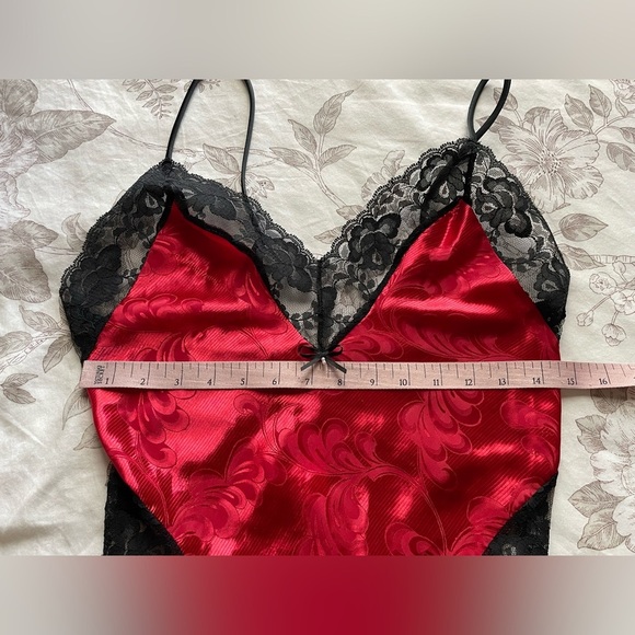 Vintage Red Black Jacquard Satin Lace Trim Teddy Lingerie 90s Small Whimsigoth - Picture 7 of 8